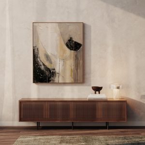 Long walnut sideboard TV stand with four slatted doors in mid century modern style, credenza, dresser, commode, media console, record player