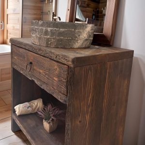 Custom Handmade Rustic Wooden Bathroom Vanity | Farmhouse Style Sink Shelf | Live Edge Handcrafted Unique Wood Table | Mid Century Cabinet