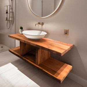 Custom Handmade Rustic Wooden Floating Bathroom Vanity - Farmhouse Style Sink Shelf with Live Edge Reclaimed Handcrafted cabinet table