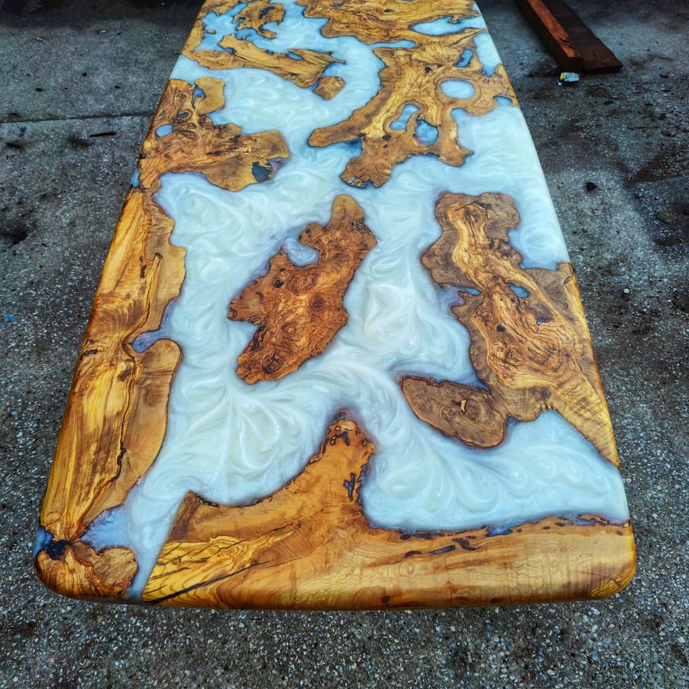 Olive Wood Slabs Epoxy Table Top, Pearl White Epoxy Kitchen Table, Living Room Furniture,Home Office Desk - Image 3