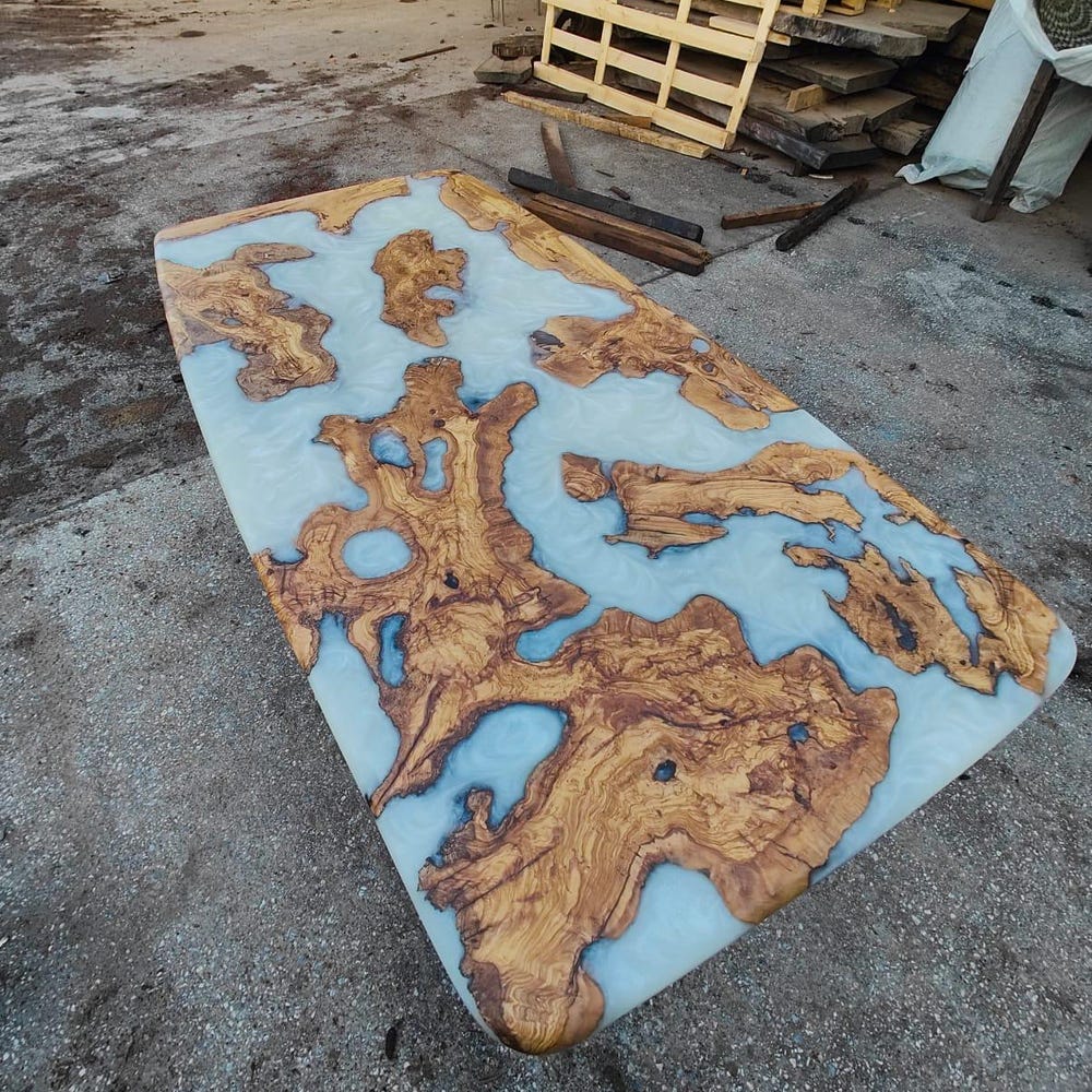 Olive Wood Slabs Epoxy Table Top, Pearl White Epoxy Kitchen Table, Living Room Furniture,Home Office Desk - Image 5