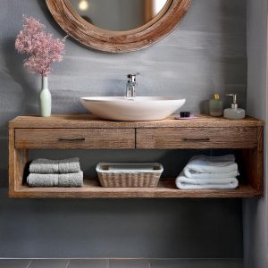 Wooden Floating Bathroom Vanity Farmhouse Style Sink Shelf with with drawer Handcrafted cabinet table Handmade Rustic countertop table decor