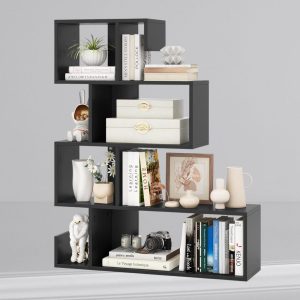 S-Shaped Bookshelf | 5-Tier Modern Geometric Stepped Bookcase with Anti-Tipping Kits | Black