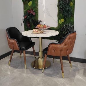 Wooden dining room chair with quilted back and arms, suitable for use in interior projects, hotels, restaurants and all home furniture.