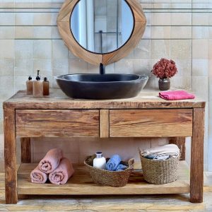 Custom Handmade Rustic Wooden Bathroom Vanity - Farmhouse Style Sink Shelf with Live Edge Reclaimed Handcrafted cabinet Wood Country Style