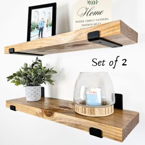 SET OF 2 | Rustic Wood Shelves with Industrial Brackets, Floating Farmhouse Shelving, Bathroom Wall Shelf, Open Kitchen Storage, Minimalist
