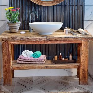Custom Handmade Rustic Wooden Bathroom Vanity | Farmhouse Style Sink Shelf | Live Edge Handcrafted Unique Wood Table | Mid Century Cabinet