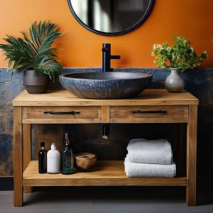 Wooden Rustic Live Edge Bathroom Vanity – Handcrafted Solid Wood Cabinet – Custom Farmhouse Furniture Single or Double Sinks with Storage