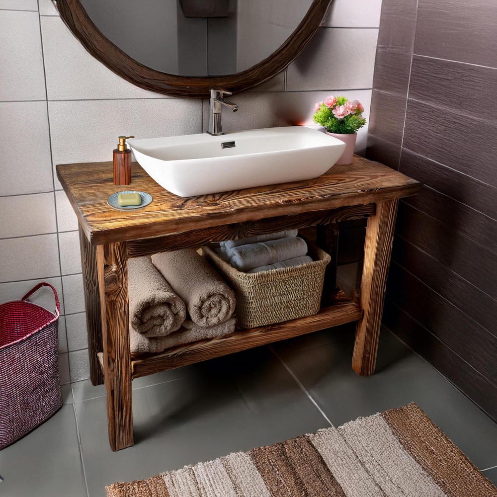 Wooden Rustic Style handmade bathroom vanity live edge solid wood cabinet sink table counter top farmhouse home decor furniture handcrafted