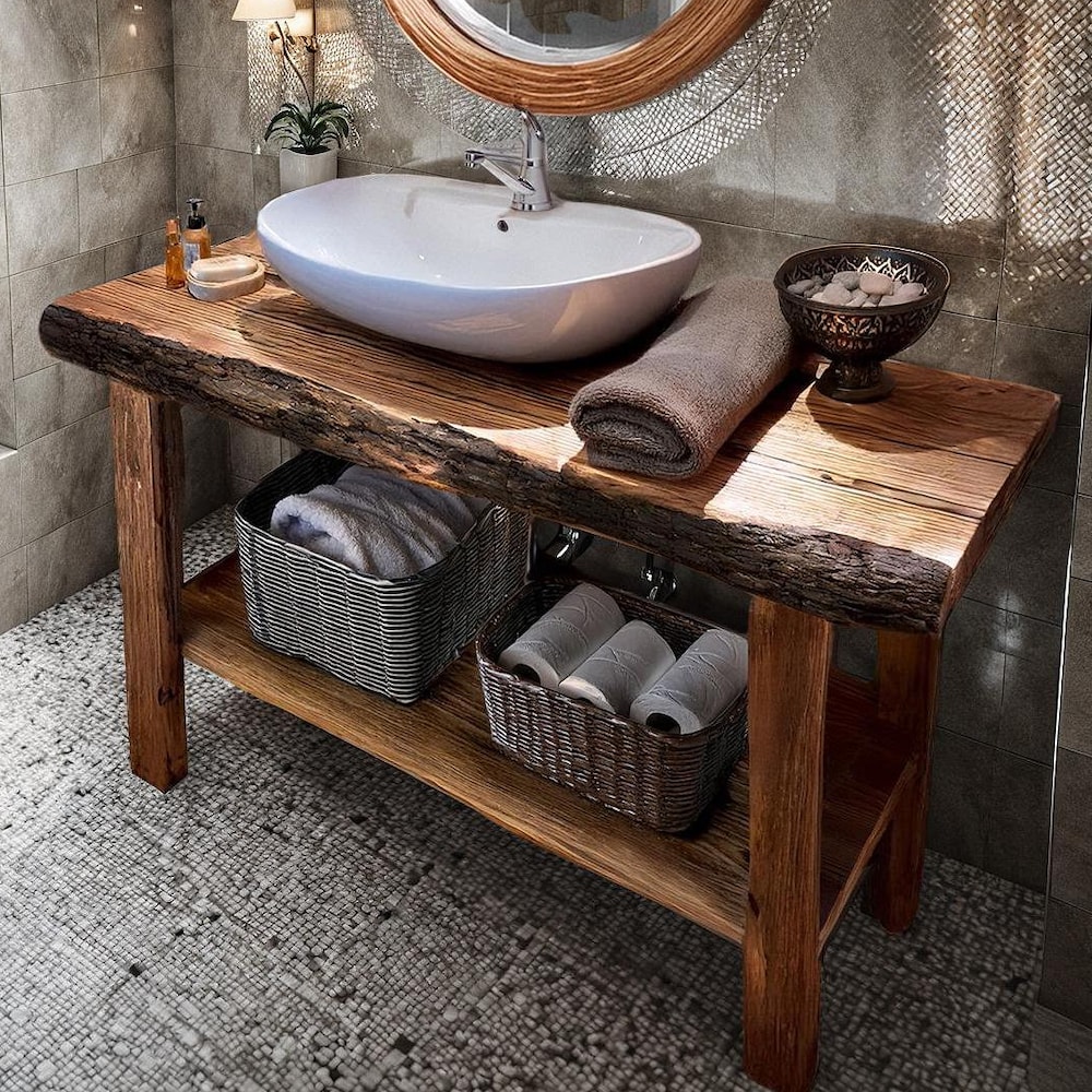 Wooden Rustic Style handmade bathroom vanity live edge solid wood cabinet sink table counter top farmhouse home decor furniture handcrafted