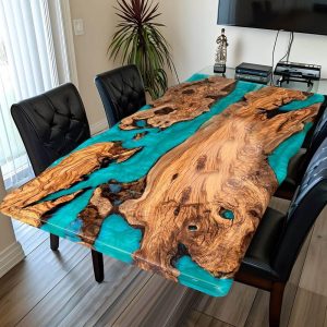 Turquoise epoxy olive wood dining table, Blue resin river kitchen table, Resin furniture, conferance  table