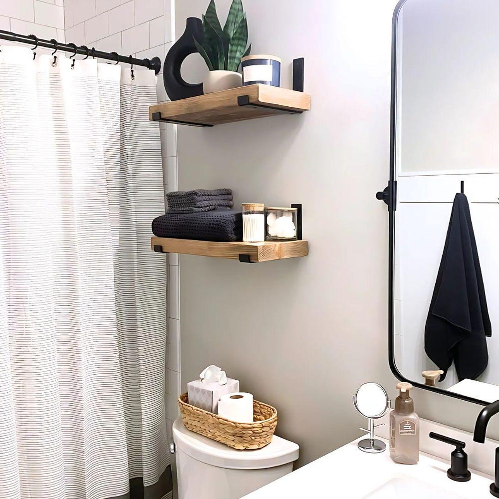 RENTER FRIENDLY Shelves – Set of TWO Wood Floating Shelves – High Quality Rustic Shelving with Industrial Brackets – Shelf for Apartment - Image 5