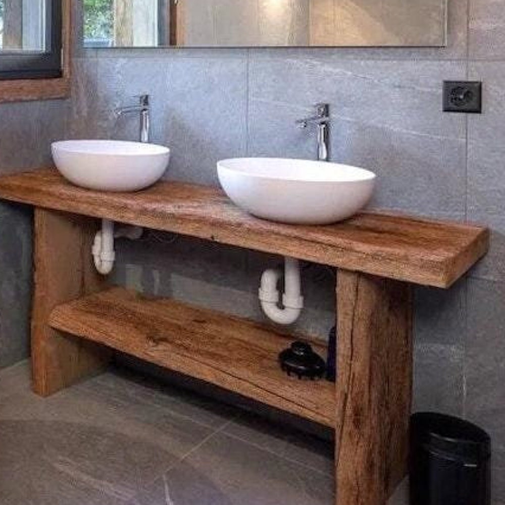 Custom Handmade Rustic Wooden Bathroom Vanity - Farmhouse Style Sink Shelf with Live Edge Reclaimed Handcrafted cabinet Wood Country Style
