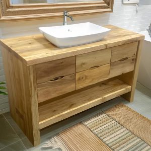 Custom Handmade Rustic Wooden Bathroom Vanity | Farmhouse Style Sink Shelf | Live Edge Handcrafted Unique Wood Table | Mid Century Cabinet