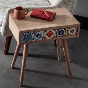 Handmade Oak Coffee Table, Solid Wood Table with Mexican Talavera Tiles, Rustic & Modern Side Table for Living Room, Entryway Console