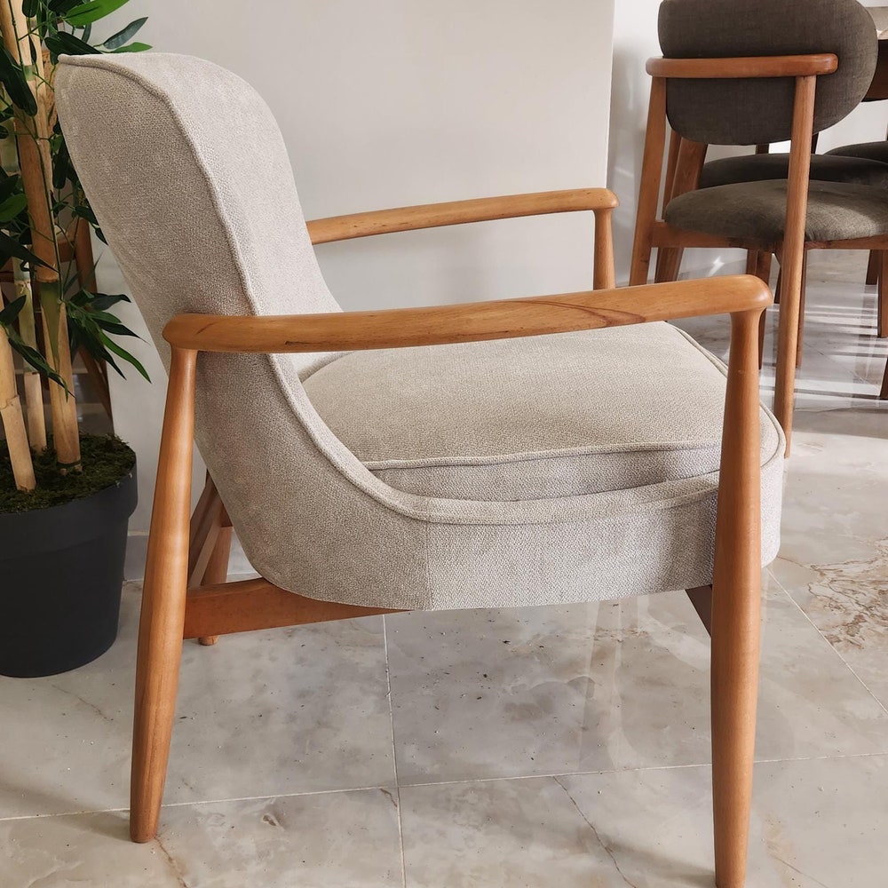 Mid-Century Modern Wooden Armchair | Handmade Upholstered Lounge Chair | Retro Scandinavian Accent Chair - Image 3