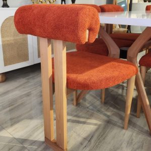 Handcrafted Mid Century Modern Wooden Dining Chair with Burnt Orange Upholstery – Unique Designer Accent Chair