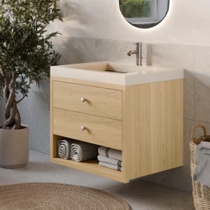 Vanity Cabinet with Two Drawers/ Open Shelf in White Oak, Bathroom
