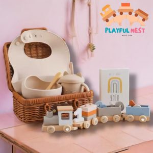 Baby Small Wooden Train Toy Set Infant Feeding Tableware Box Set Gifts Kid Monthly Milestone Card Babies Birth Vintage Box Gifts