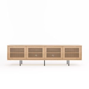 Long oak TV stand sideboard with four slatted doors in mid century modern style, credenza, dresser, commode, media console, media center
