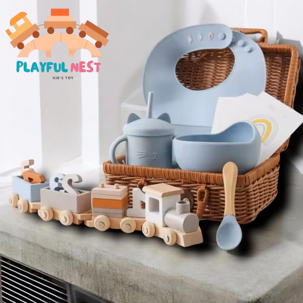 Baby Small Wooden Train Toy Set Infant Feeding Tableware Box Set Gifts Kid Monthly Milestone Card Babies Birth Vintage Box Gifts - Image 4