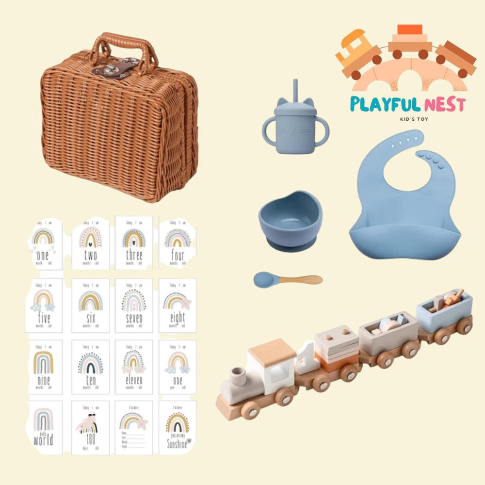 Baby Small Wooden Train Toy Set Infant Feeding Tableware Box Set Gifts Kid Monthly Milestone Card Babies Birth Vintage Box Gifts - Image 3