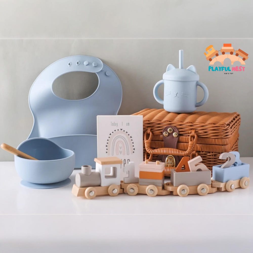 Baby Small Wooden Train Toy Set Infant Feeding Tableware Box Set Gifts Kid Monthly Milestone Card Babies Birth Vintage Box Gifts