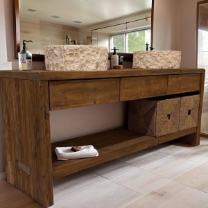 Custom Handmade Rustic Wooden Bathroom Vanity | Farmhouse Style Sink Shelf | Live Edge Handcrafted Unique Wood Table | Mid Century Cabinet