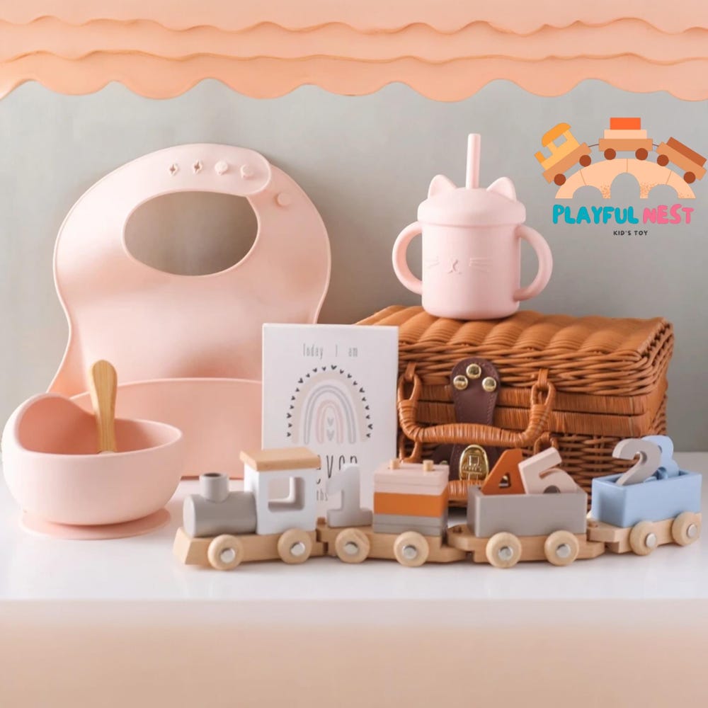 Baby Small Wooden Train Toy Set Infant Feeding Tableware Box Set Gifts Kid Monthly Milestone Card Babies Birth Vintage Box Gifts - Image 2