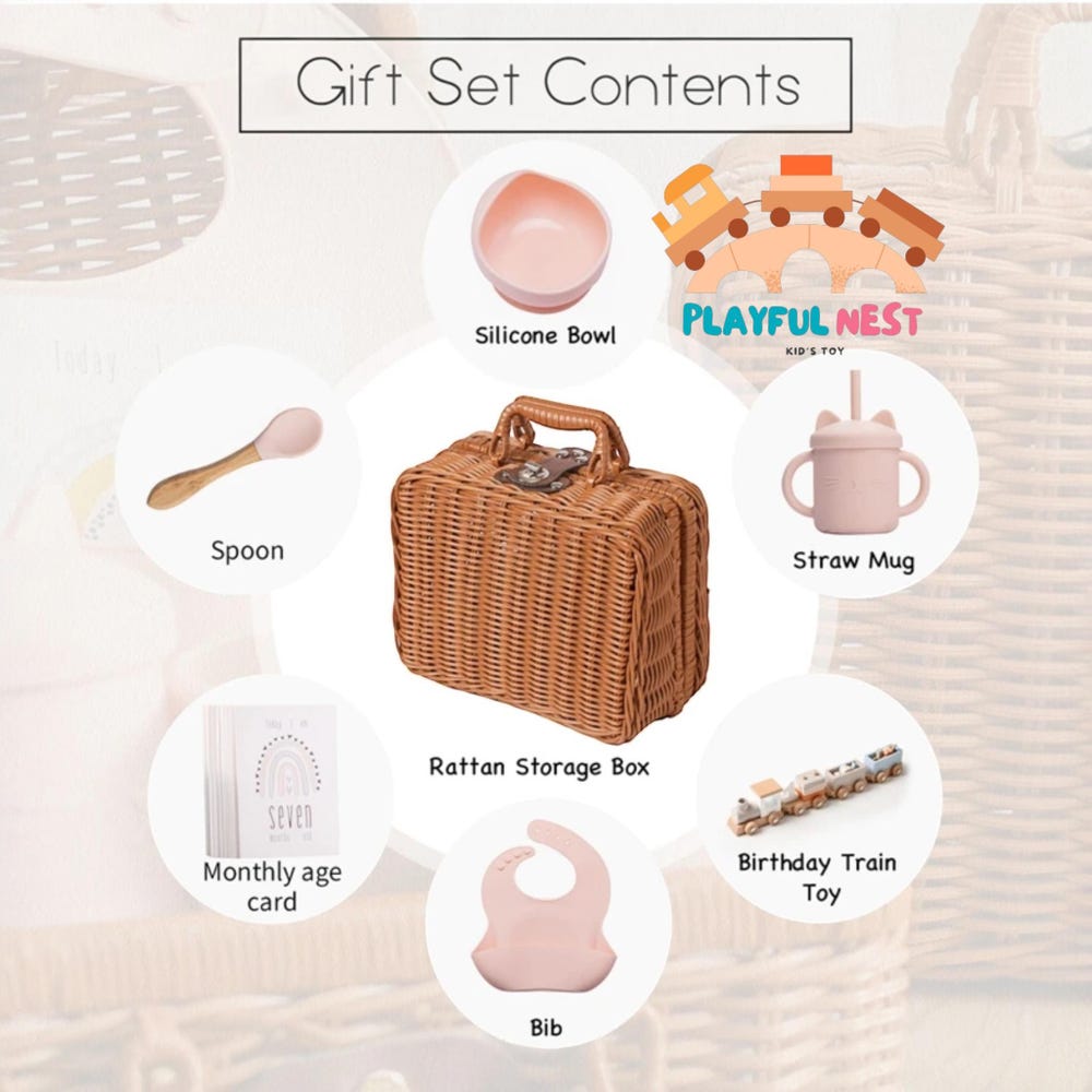 Baby Small Wooden Train Toy Set Infant Feeding Tableware Box Set Gifts Kid Monthly Milestone Card Babies Birth Vintage Box Gifts - Image 4