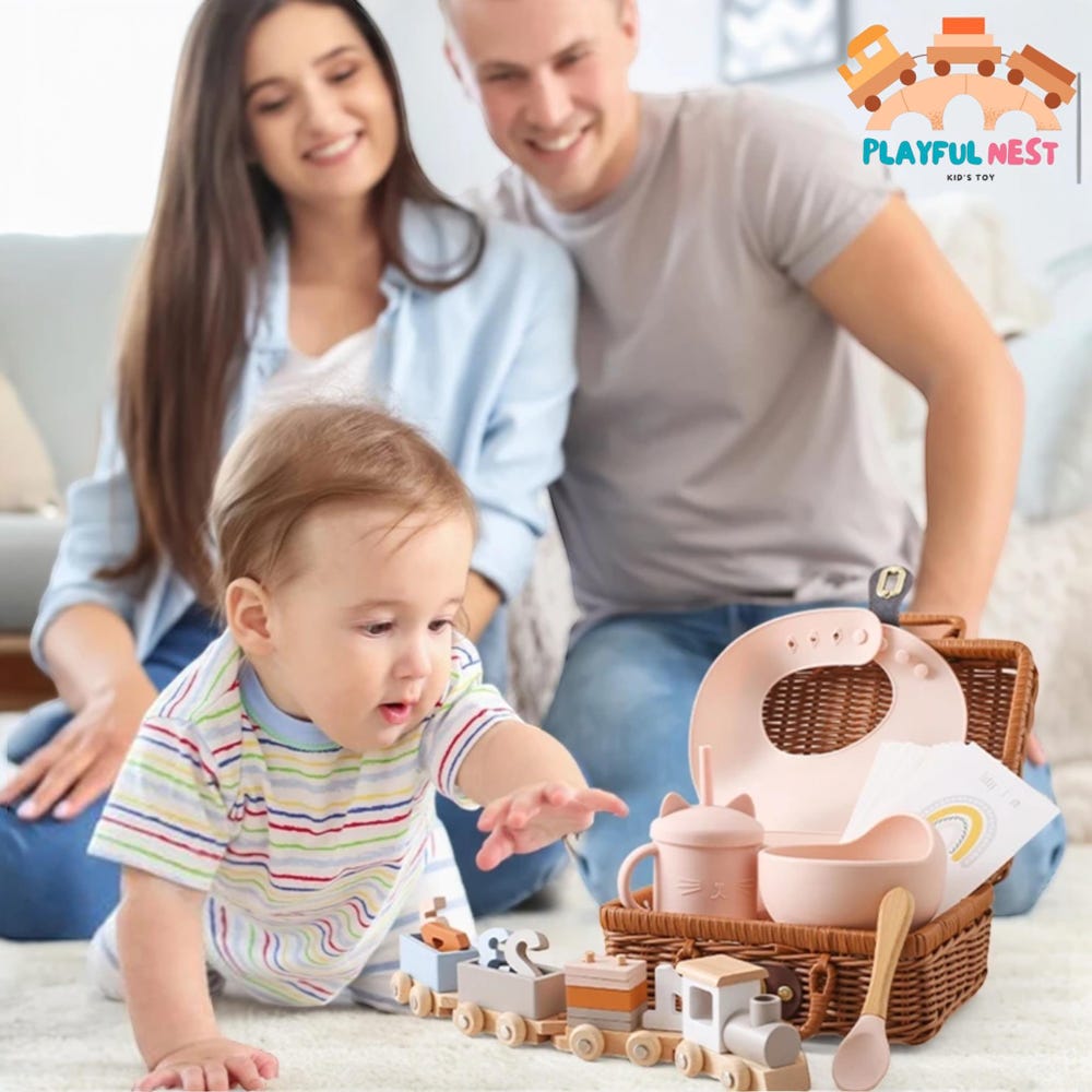 Baby Small Wooden Train Toy Set Infant Feeding Tableware Box Set Gifts Kid Monthly Milestone Card Babies Birth Vintage Box Gifts - Image 5