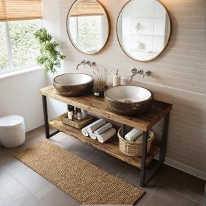 Handcrafted Double Sink Vanity with Shelf, Reclaimed Rustic Wood Vanity with Metal Legs, Handmade Bathroom Vanity Cabinet, Farmhouse Style