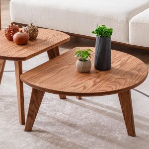 Handmade Oak Coffee Table Set, Minimalist Round Nesting Tables, Solid Wood Center Side Table for Modern Living Room, Scandinavian Furniture