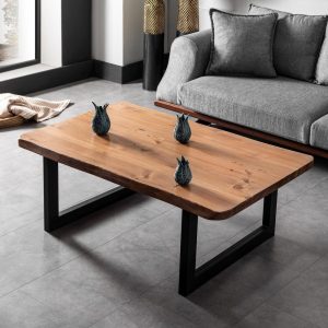 Rustic Solid Wood Coffee Table with Metal Legs, Live Edge Wooden Table & Handmade Industrial Wooden Coffee Table with U Shaped Legs.