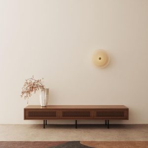 Walnut lowboard TV stand with three slatted doors in mid century modern style, media console, vinyl storage, audio storage, record player