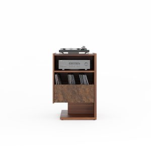 Small Walnut Record Player Stand with walnut burl front in Mid Century Modern Style, Vinyl Storage, Media Console, Turntable Stand - LINDE