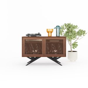 Walnut Record Player Stand with organic shape base in Mid Century Modern Style, Vinyl Storage, Media Console, Turntable Stand