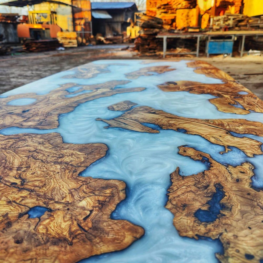 Olive Wood Slabs Epoxy Table Top, Pearl White Epoxy Kitchen Table, Living Room Furniture,Home Office Desk - Image 6