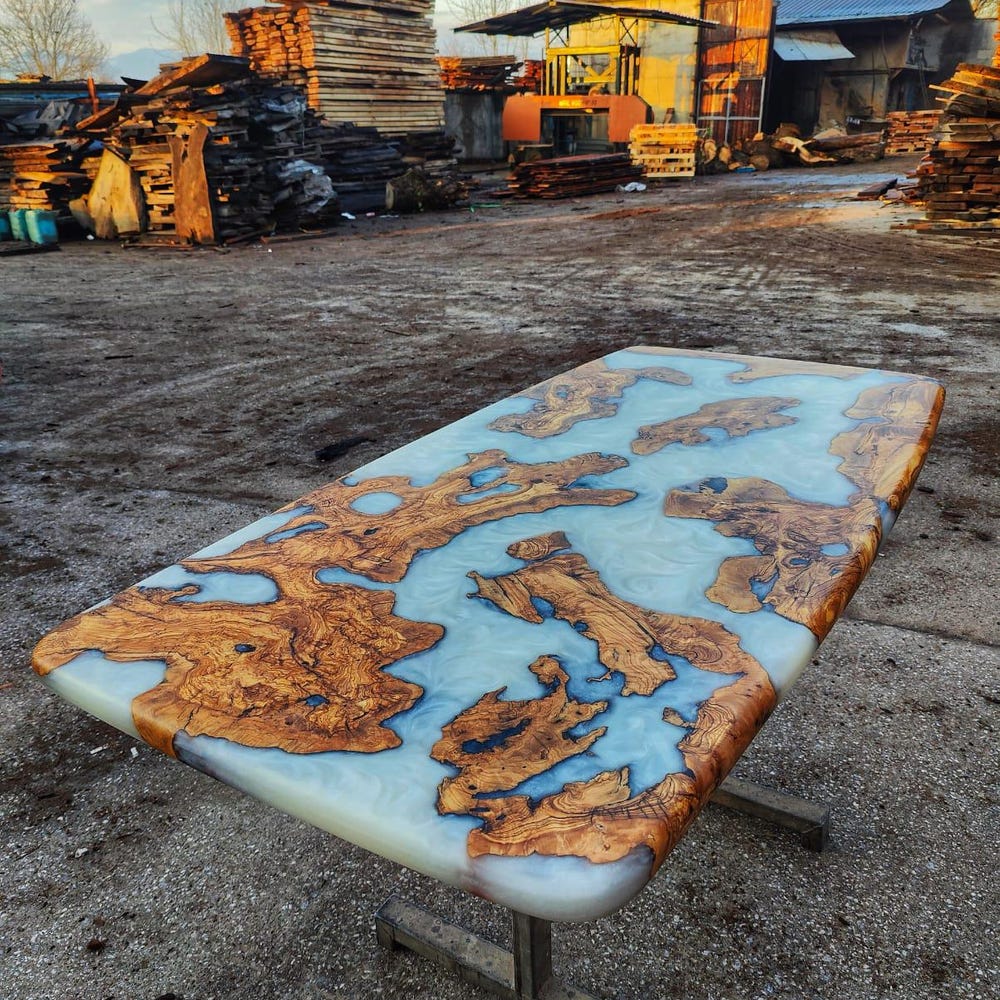 Olive Wood Slabs Epoxy Table Top, Pearl White Epoxy Kitchen Table, Living Room Furniture,Home Office Desk - Image 7