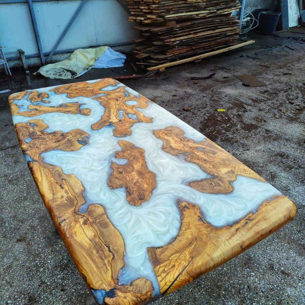 Olive Wood Slabs Epoxy Table Top, Pearl White Epoxy Kitchen Table, Living Room Furniture,Home Office Desk - Image 4