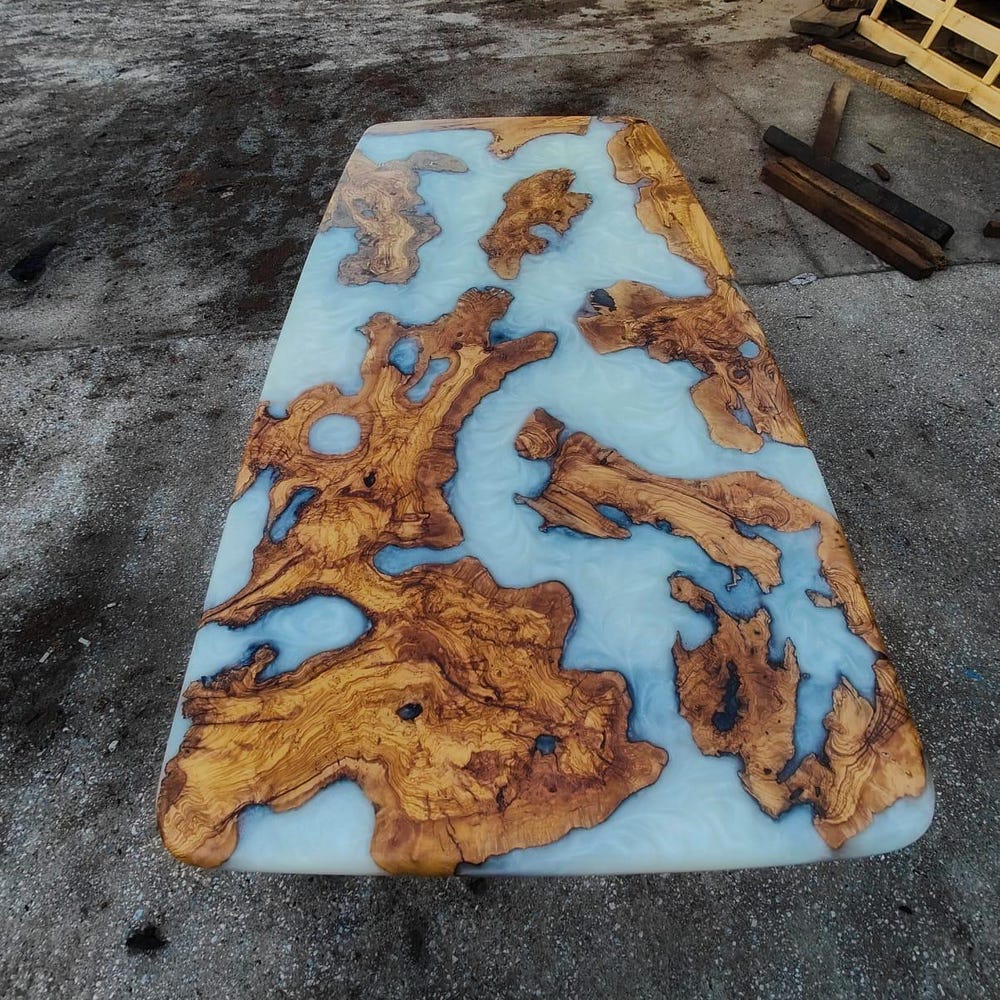Olive Wood Slabs Epoxy Table Top, Pearl White Epoxy Kitchen Table, Living Room Furniture,Home Office Desk