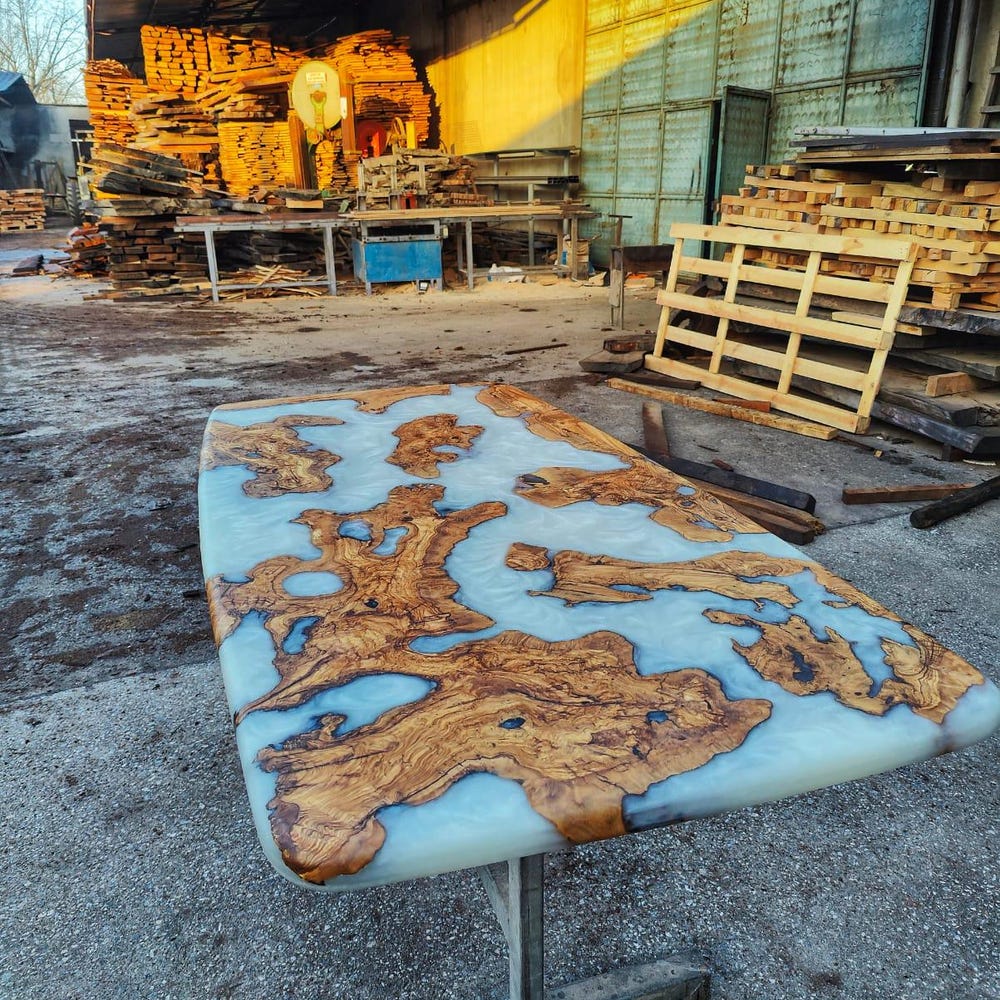 Olive Wood Slabs Epoxy Table Top, Pearl White Epoxy Kitchen Table, Living Room Furniture,Home Office Desk - Image 8