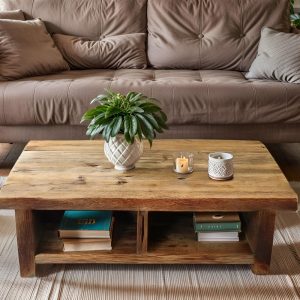 Custom Handmade Rustic Wooden Coffee Table - Farmhouse Style natural Live Edge Reclaimed Handcrafted solid rectangular wood table home decor