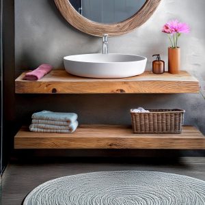 Wooden Floating Bathroom Vanity Farmhouse Style Sink Shelf with Live Edge Reclaimed Handcrafted cabinet table Handmade Rustic countertop