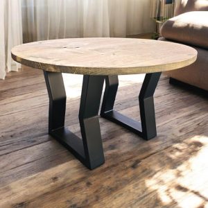 Round Coffee side table solid heavy duty steel legs Rustic vintage reclaimed wood furniture home decor industrial living room interiors