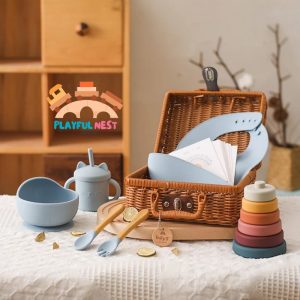 Baby Small Wooden, Bib, Kitchen Toy Set Infant Feeding Tableware Box Set Gifts Kid Monthly Milestone Card Babies Birth Vintage Box Gifts