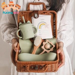 Baby Small Wooden, Bib, Kitchen Toy Set Infant Feeding Tableware Box Set Gifts Kid Monthly Milestone Card Babies Birth Vintage Box Gifts