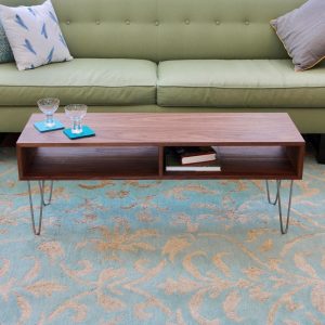 Mid Century Modern Walnut Coffee Table with Stainless Steel Hairpin Legs