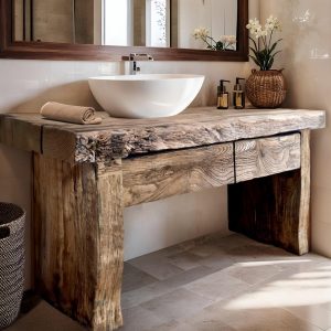 Custom Handmade Rustic Wooden Bathroom Vanity - Farmhouse Style Sink Shelf with Live Edge Reclaimed Handcrafted cabinet Wood Country Style