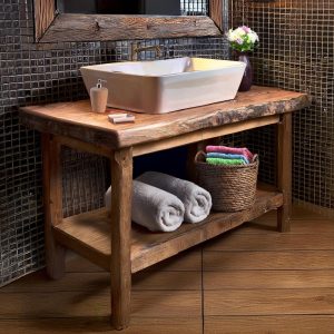 Custom Handmade Rustic Wooden Bathroom Vanity | Farmhouse Style Sink Shelf | Live Edge Handcrafted Unique Wood Table | Mid Century Cabinet